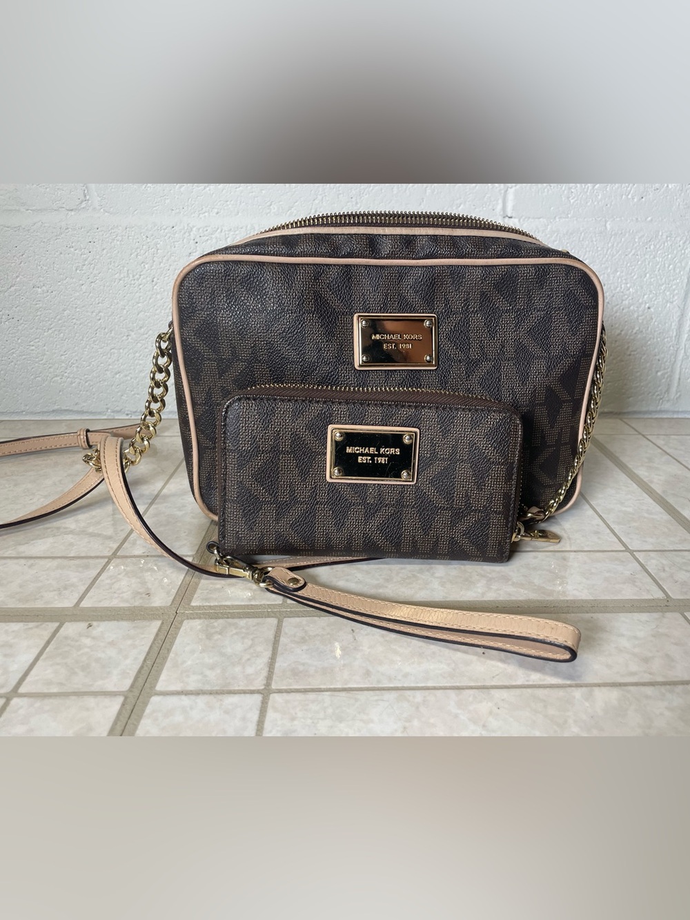 Michael Kors Brown and Beige Signature Crossbody with Matching Wallet